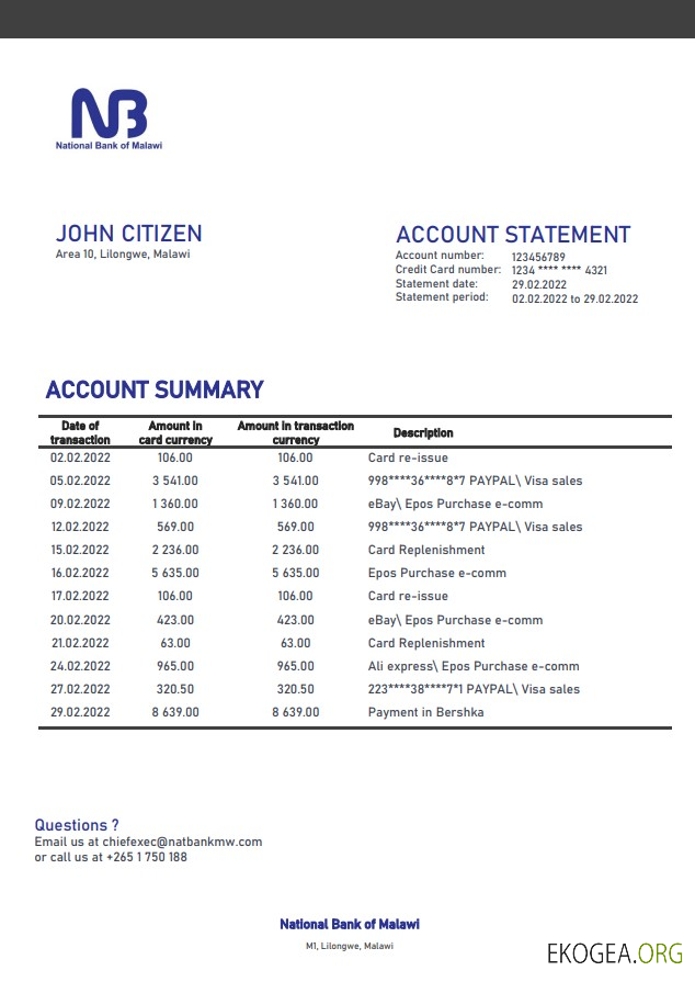 Déclaration de la Banque nationale du Malawi
